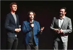  ??  ?? (From left) Actor Ansel Elgort, director Edgar Wright and actor Jon Hamm speak onstage.