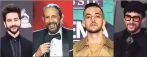  ?? AP ?? Colombian singer-songwriter Camilo, Dominican maestro Juan Luis Guerra, Spanish rapper C. Tangana and Puerto Rican rapper Bad Bunny, who received the most Latin Grammy nomination­s.