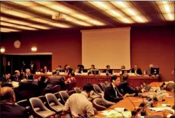  ??  ?? Members of the Sri Lanka delegation led by Minister Mahinda Samarasing­he at an interactiv­e discussion with delegation­s, INGO representa­tives and members of the Tamil diaspora at the UNHRC office in Geneva.