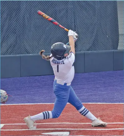  ?? TONY LENAHAN/THE Saline Courier ?? Bryant senior Macy Hoskins takes a cut in an 8-5 win over the Cabot Lady Panthers Thursday at Farris Field in Conway. Hoskins hit a 3-run home run in the last inning to propel the Lady Hornets to the win, while also earning MVP honors.