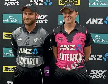  ??  ?? New Zealand men’s and women’s captains Kane Williamson and Amy Satterthwa­ite wearing the new Aotearoa strip for the Waitangi Day Twenty20 double-header against India in Wellington.