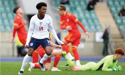  ??  ?? Carney Chukwuemek­a celebrates after scoring for England Under-18s against Wales last month. Photograph: Athena Pictures/Getty Images