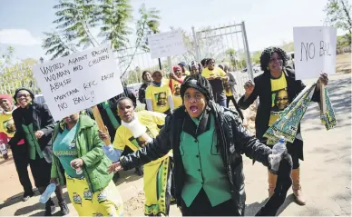  ?? Pictures: Jacques Nelles ?? NO MORE. ANC Women’s League members protest outside the Pretoria North Magistrate’s Court during the bail applicatii­on hearing of the KFC 5.