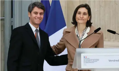  ?? ?? The prime minister, Gabriel Attal, with Amélie Oudéa-Castéra at her appointmen­t ceremony. Photograph: Alain Jocard/AFP/Getty Images