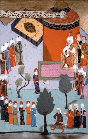  ??  ?? Selim I receiving the severed head of the Mamluk sultan Qansuh al-Ghawri; sixteenth-century miniature