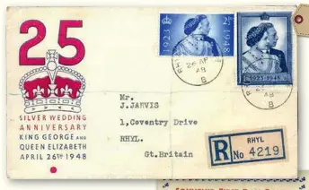  ??  ?? £180
This Grosvenor Philatelic Auctions lot was described as a 1948 Silver Wedding 2½d and £1 on an illustrate­d FDC registered from Rhyl. Price Realised £180