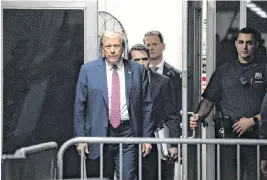 ?? MAANSI SRIVASTAVA Pool via USA TODAY NETWORK ?? Former President and 2024 Republican presidenti­al candidate Donald Trump arrives for court on Friday in Manhattan. Jury selection wrapped up Friday. Opening arguments are expected to begin Monday.