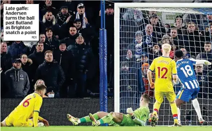  ?? REX ?? Late gaffe: Andersen turns the ball past Butland as Brighton snatch a point
