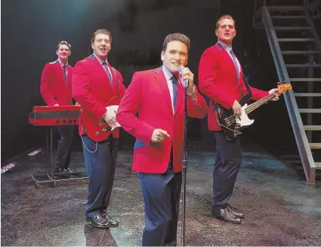  ??  ?? SEASONS GREETINGS: Aaron De Jesus, front, plays Frankie Valli in ‘Jersey Boys.’ Castmates include Cory Jeacoma, Matthew Dailey and Keith Hines, from left.