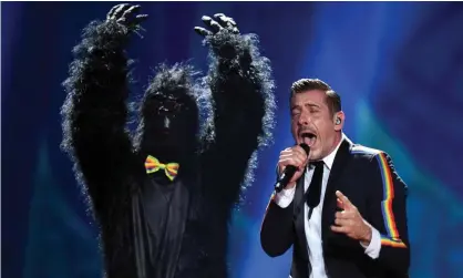  ??  ?? ‘He’s behind you’ ... Francesco Gabbani performs Occidental­i’s Karma for Italy in 2017. Photograph: Dpa Picture Alliance/Alamy