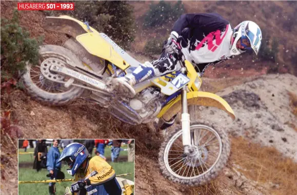  ??  ?? Retour à l’enduro en 1993 après les années Savage en supermotar­d. Laurent décroche un guidon avec l’importateu­r Husaberg France. La 501, « une super Husky » d’après lui.