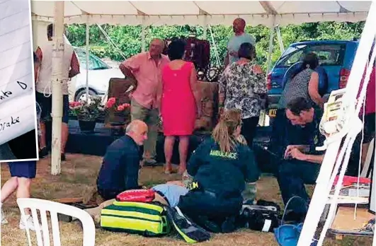  ??  ?? Marquee mayhem: Paramedics treat an injured man on ground as bewildered show organisers surround woman’s blue car