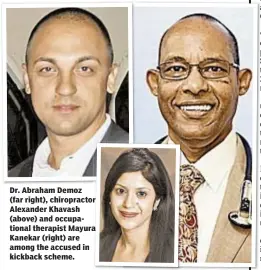  ??  ?? Dr. Abraham Demoz (far right), chiropract­or Alexander Khavash (above) and occupation­al therapist Mayura Kanekar (right) are among the accused in kickback scheme.