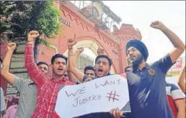  ?? HT PHOTO ?? Students holding a protest in Amritsar on Saturday.