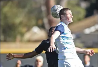  ?? Dan Watson/The Signal (See additional photos on signalscv.com) ?? TMU forward and Saugus High grad Trevor Mangan, right, is expected to be a factor in the Mustangs’ attack this year as a junior. His coach is hoping for a breakout season.