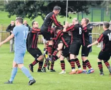  ??  ?? What a feeling Scone celebrate after their late winner secured three points earlier in the season. Photo: Jon Baker