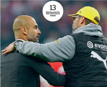  ?? AP file ?? Pep Guardiola and Juergen Klopp to renew rivalry on New Year’s Eve. —
