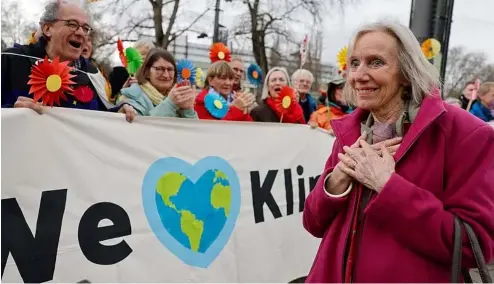  ?? ?? Switzerlan­d's Rosmarie Wilder-Walti reacts as Swiss retirees demonstrat­e outside the European Court of Human Rights.