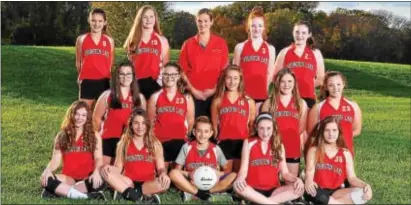  ?? SUBMITTED PHOTO ?? The Springton Lake Middle School seventh-grade volleyball team, which compiled a 14-0 record, includes (left to right): Front row, Makayla Kane, Melodie Campbell, Quin Zilch, Kelly McDonnell, and Veronica Master; middle, Mary Kate Cosgrove, Lauren...