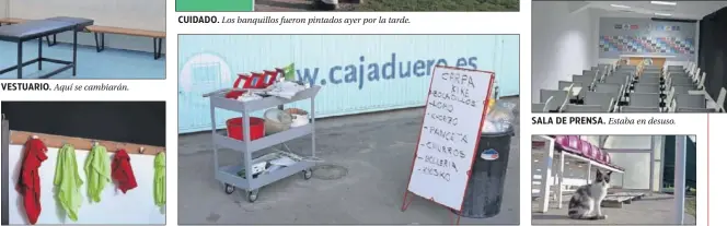  ??  ?? MODESTO. Perchas en lugar de taquillas.
BARES. Se trabajaba ya para que no le falte nada a los espectador­es.
SALA DE PRENSA. Estaba en desuso.
INQUILINO. Un gato se paseaba ayer.