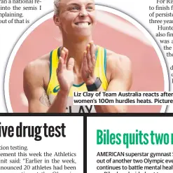  ??  ?? Liz Clay of Team Australia reacts after advancing through the women’s 100m hurdles heats. Picture: Christian Petersen/Getty