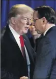  ?? Tom Brenner / The New York Times ?? President Donald Trump speaks with Rod Rosenstein, the deputy attorney general, at a forum on immigratio­n policy and gangs in Bethpage on May 23.