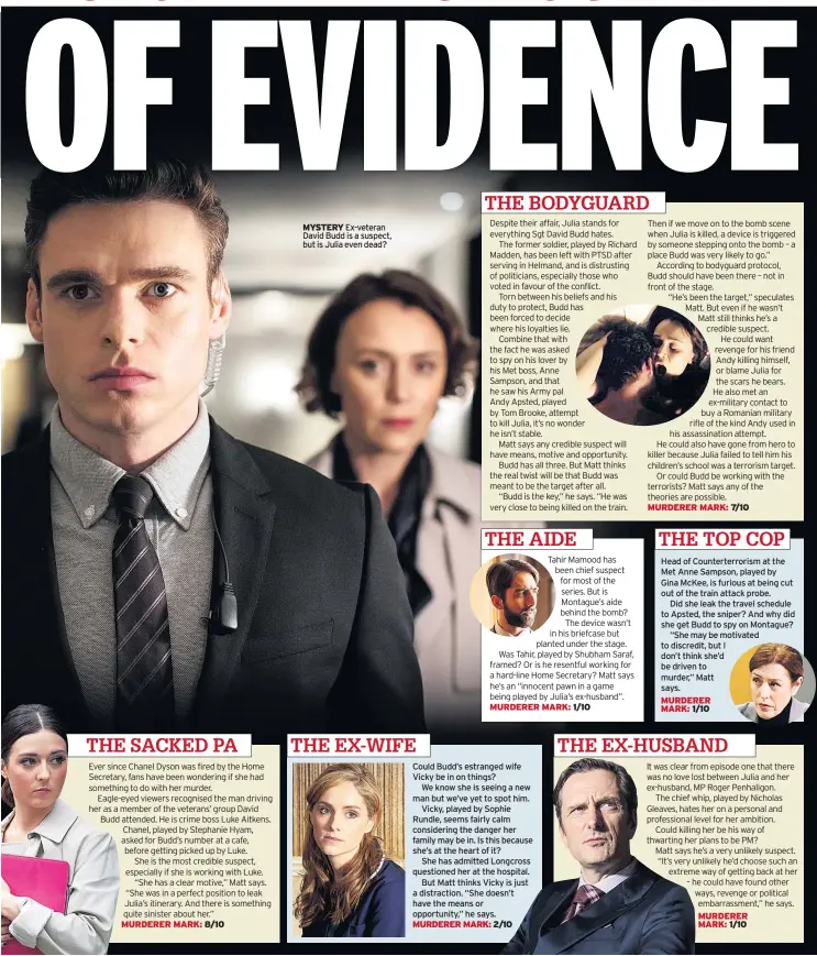  ??  ?? THE SACKED PA MURDERER MARK: 8/10 MYSTERY Ex-veteran David Budd is a suspect, but is Julia even dead? THE EX-WIFE THE BODYGUARD THE AIDE MURDERER MARK: 1/10 MURDERER MARK: 2/10 MURDERER MARK: 7/10 THE TOP COP MURDERER MARK: 1/10THE EX-HUSBAND MURDERER MARK: 1/10