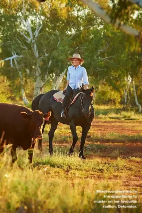  ??  ?? Minderoo gives Nicola the opportunit­y to muster on her favourite stallion, Detonator.