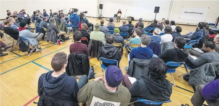  ?? PHOTOS: FRANCIS GEORGIAN/PNG ?? About 100 men gathered at the #HowIWillCh­ange conference in east Vancouver on Saturday to discuss ways of preventing violence against women.