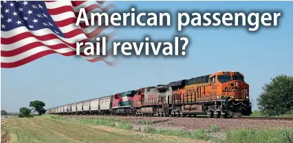  ?? KEITH FENDER ?? Passenger trains to return? One of the routes proposed by Amtrak would extend the ‘Heartland Flyer’, which restarted in 1999 between Fort Worth and Oklahoma City, north to Wichita and Newton, Kansas. This would use the existing BNSF-owned line used by Amtrak in its early years. A BNSF freight with two BNSF locos and a third from Mexican operator Ferromex, seen heading south on the line, having just left Kansas near Newkirk, Oklahoma, on June 28, 2019.