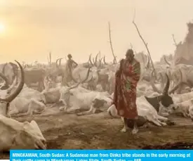  ?? — AFP ?? MINGKAMAN, South Sudan: A Sudanese man from Dinka tribe stands in the early morning at their cattle camp in Mingkaman, Lakes State, South Sudan.