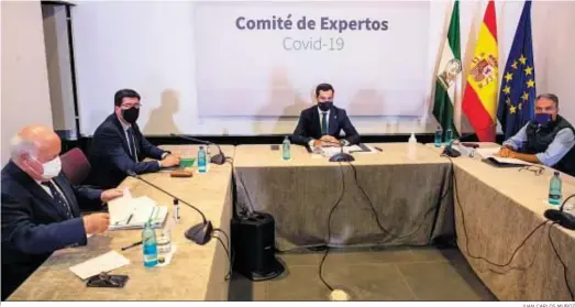  ?? JUAN CARLOS MUÑOZ ?? El presidente de la Junta, Juanma Moreno, y los consejeros Marín, Aguirre y Bendodo, ayer en la reunión de los técnicos.