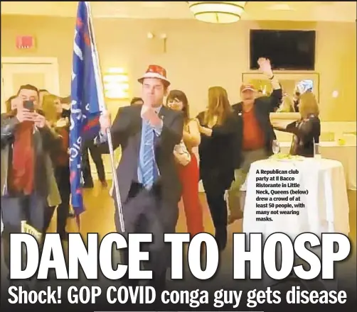  ??  ?? A Republican club party at Il Bacco Ristorante in Little Neck, Queens (below) drew a crowd of at least 50 people, with many not wearing masks.