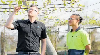  ?? ?? Nikesh Gurung (right) and Hortplus director Mike Barley on Southland Orchard.