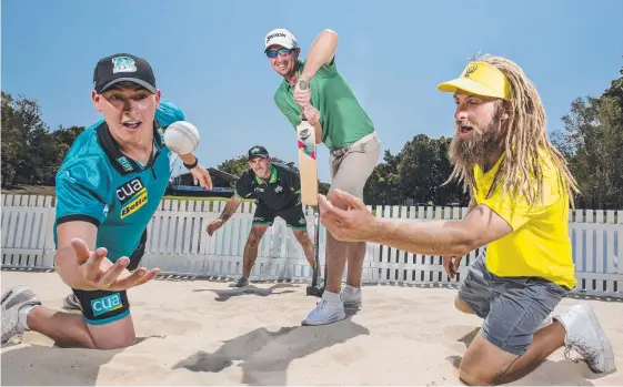  ?? Picture: JERAD WILLIAMS ?? Cricket players from Melbourne Stars (keeper Glenn Maxwell) and Brisbane Heat (Matt Renshaw – catching the ball) playing a game of beach cricket with PGA golfers, Brett Rankin (batting) and Jack Wilson (fielding) at RACV Royal Pines Resort.