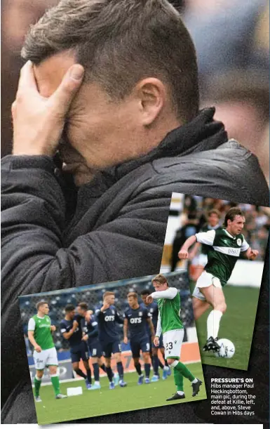  ??  ?? PRESSURE’S ON Hibs manager Paul Heckingbot­tom, main pic, during the defeat at Killie, left, and, above, Steve Cowan in Hibs days