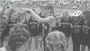  ?? ALEX CONRATH/THISWEEK ?? Kate Tyack talks to her teammates before Coffman defeated New Albany to win last season’s Division I state title. Tyack, a junior, is one of the top returnees for the Shamrocks.