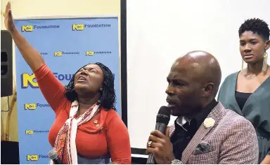  ??  ?? Rhoda Isabella (left), Alicia Taylor and Rondell Positive performing ‘Keeping Me Alive’ at the press briefing to launch Heart Praise Worship Fest 2018.