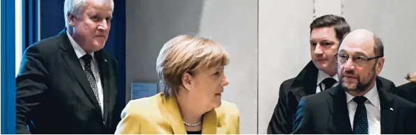  ?? Foto: Bernd von Jutrczenka, dpa Archiv ?? Erstmals war auch der neue SPD Chef Martin Schulz beim Koalitions­gipfel. Die Unionschef­s Angela Merkel und Horst Seehofer traf er bereits bei der Wahl des Bundespräs­identen.