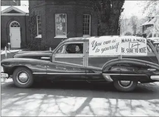  ??  ?? A member of the League of Women Voters uses her car to get out the vote, circa 1940. Now, the league’s Southwest Santa Clara Valley chapter tries to “help people learn about government, become active participan­ts and try to encourage transparen­cy,” said Los Gatos resident Meg Giberson, the chapter’s co-president.