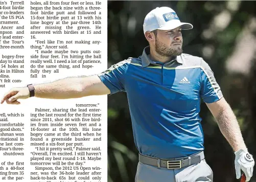  ??  ?? Last hole flourish: Tyrrell Hatton closed with a 24-foot birdie putt to share the lead after the third round of the RBC Heritage golf tournament on Saturday. — AP