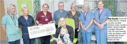  ??  ?? Big thanks
From left Louise Storrie, medical records, Lorraine Herbert, sister, Caroline Blake, clinical midwife manager Neonatal Unit, Jim and Jeanette Little, Jan Nelson, staff midwife, Rae Green, Gary Sinclair and Harley Sinclair