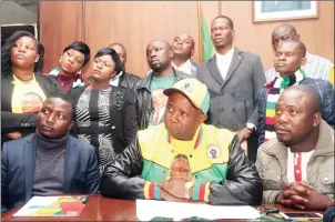  ??  ?? ZANU-PF secretary for Youth Affairs Cde Pupurai Togarepi (centre) flanked by members of the Youth League national executive during a Press conference held at the party headquarte­rs in Harare yesterday