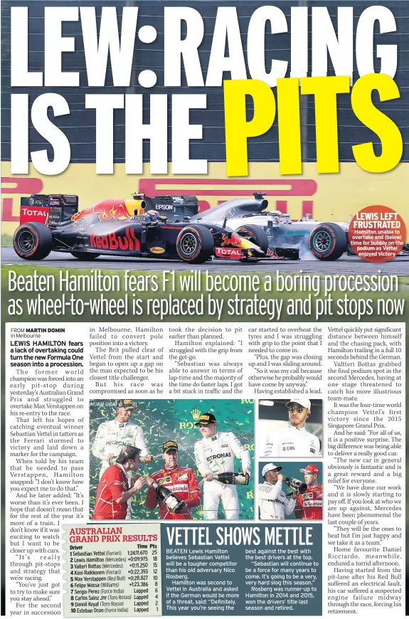  ??  ?? LEWIS LEFT FRUSTRATED Hamilton unable to overtake and (below) time for bubbly on the podium as Vettel enjoyed victory