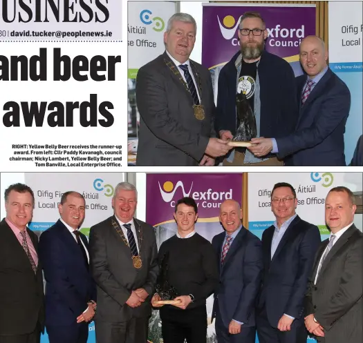  ??  ?? RIGHT: Yellow Belly Beer receives the runner-up award. From left: Cllr Paddy Kavanagh, council chairman; Nicky Lambert, Yellow Belly Beer; and Tom Banville, Local Enterprise Office. Scúp Gelato receives the top award (from left): Cllr Michael Whelan,...