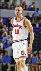  ?? SCOTT AUDETTE / ASSOCIATED PRESS ?? Ohio State forward Justin Ahrens reacts during the second half against Florida on Wednesday in Fort Myers, Fla. Ahrens had 6 points, 3 assists and 2 rebounds in the Buckeyes’ 71-68 loss to the No. 23 Gators in the final of the Fort Myers Tipoff.