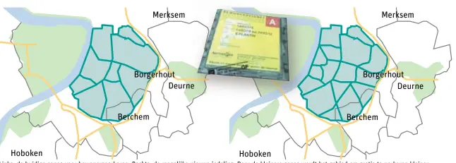  ?? FOTO RR ?? Links: de huidige zones voor bewonerspa­rkeren. Rechts: de mogelijke nieuwe indeling. Door de kleinere zones wordt het gebied om gratis te parkeren kleiner.