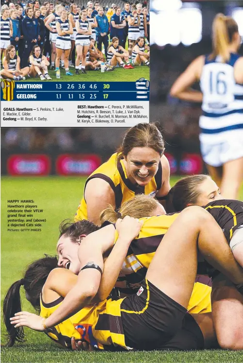  ?? Pictures: GETTY IMAGES ?? HAPPY HAWKS: Hawthorn players celebrate their VFLW grand final win yesterday; and (above) a dejected Cats side.
