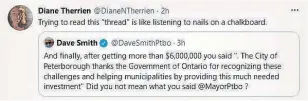  ?? TWITTER IMAGE ?? Mayor Diane Therrien used the same line Premier Doug Ford used with NDP Leader Andrea Horwath in the legislatur­e earlier this week in a tweet to MPP Dave Smith.