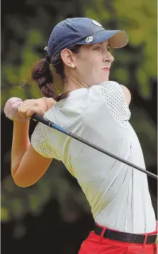  ?? STAFF PHOTOS BY CHRISTOPHE­R EVANS ?? WINNING FORM: Jackie Gonzalez (top) follows her tee shot during her quarterfin­al victory in yesterday’s Massachuse­tts Women’s Amateur at George Wright Golf Course in Hyde Park. Gonzalez will next face Shannon Johnson (below) in today’s semifinals.